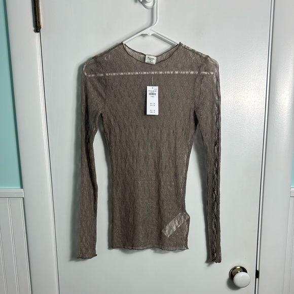 NWT Abercrombie & Fitch lace seamed long sleeve Sheer top brown Size XS Y2K 90s - Picture 2 of 10